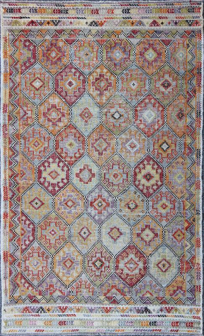 Colorful Vintage Kilim Embroidered Jajeem with Design in Green, Blue, and Cream. Measures: 5'10 x 9'4. Multicolored Flat - Woven Kilim Rug from Turkey with All - Over Design, Keivan Woven Arts / rug TU - NED - 567, country of origin / type: Turk... - Keivan Woven ArtsTU - NED - 567 - 6903Rug
