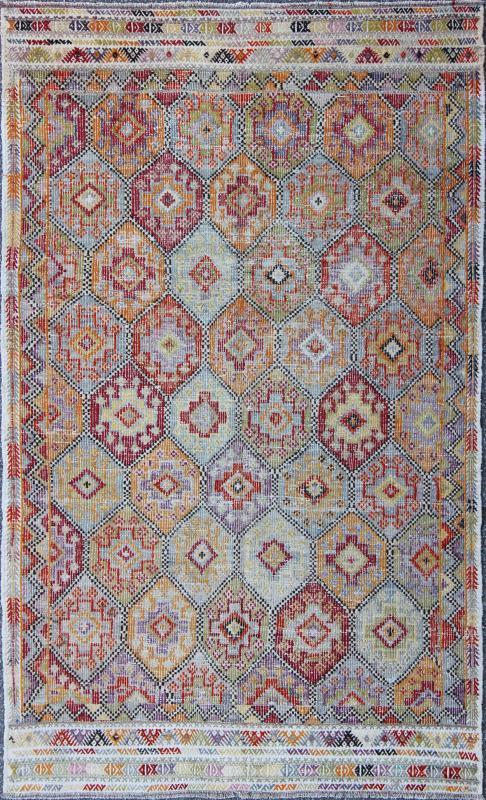 Colorful Vintage Kilim Embroidered Jajeem with Design in Green, Blue, and Cream. Measures: 5'10 x 9'4. Multicolored Flat - Woven Kilim Rug from Turkey with All - Over Design, Keivan Woven Arts / rug TU - NED - 567, country of origin / type: Turk... - Keivan Woven ArtsTU - NED - 567 - 6903Rug