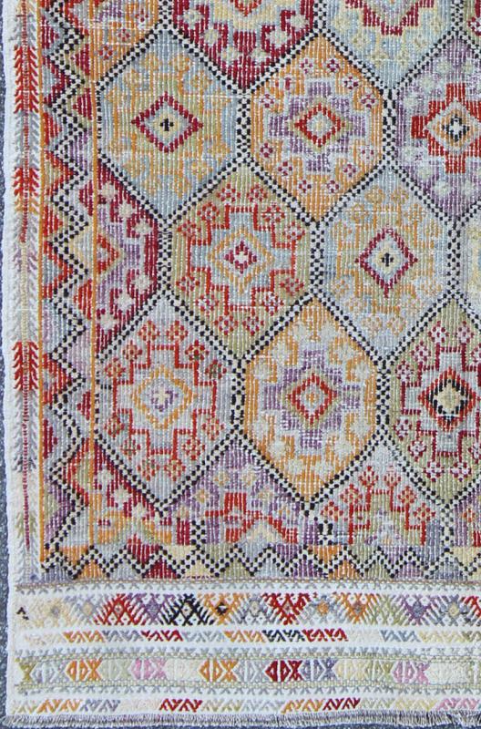 Colorful Vintage Kilim Embroidered Jajeem with Design in Green, Blue, and Cream. Measures: 5'10 x 9'4. Multicolored Flat - Woven Kilim Rug from Turkey with All - Over Design, Keivan Woven Arts / rug TU - NED - 567, country of origin / type: Turk... - Keivan Woven ArtsTU - NED - 567 - 6903Rug
