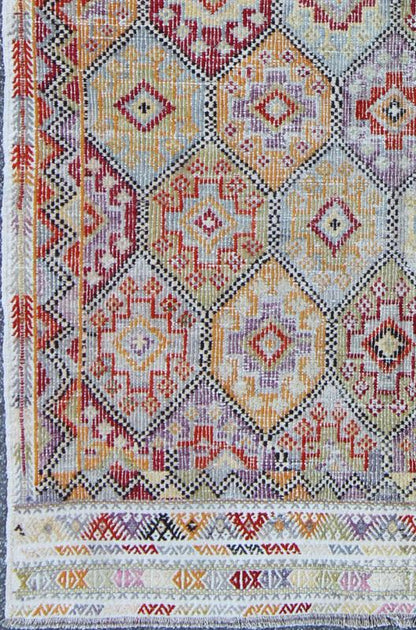 Colorful Vintage Kilim Embroidered Jajeem with Design in Green, Blue, and Cream. Measures: 5'10 x 9'4. Multicolored Flat - Woven Kilim Rug from Turkey with All - Over Design, Keivan Woven Arts / rug TU - NED - 567, country of origin / type: Turk... - Keivan Woven ArtsTU - NED - 567 - 6903Rug