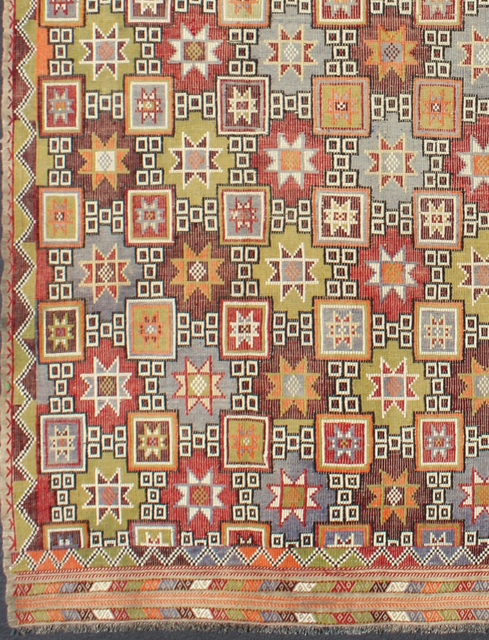 Colorful vintage Kilim embroidered Jajeem with star design in green, blue & red. Multicolored flat - woven Kilim rug from turkey with all - over star design, Keivan Woven Arts / rug TU - NED - 577, country of origin / type: Turkey / Kilim, circa 1950 Fe... - Keivan Woven ArtsTU - NED - 577 - 6907Rug
