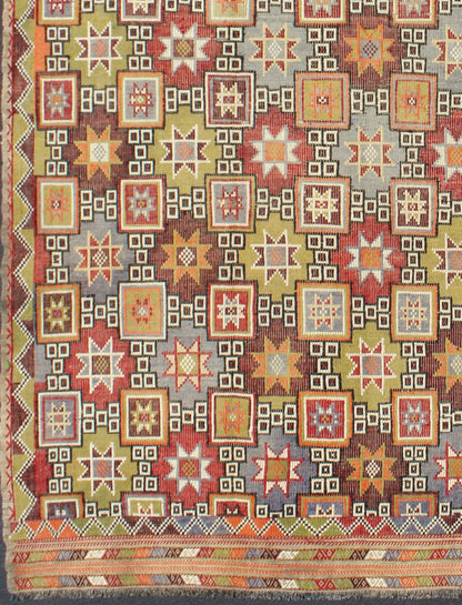 Colorful vintage Kilim embroidered Jajeem with star design in green, blue & red. Multicolored flat - woven Kilim rug from turkey with all - over star design, Keivan Woven Arts / rug TU - NED - 577, country of origin / type: Turkey / Kilim, circa 1950 Fe... - Keivan Woven ArtsTU - NED - 577 - 6907Rug