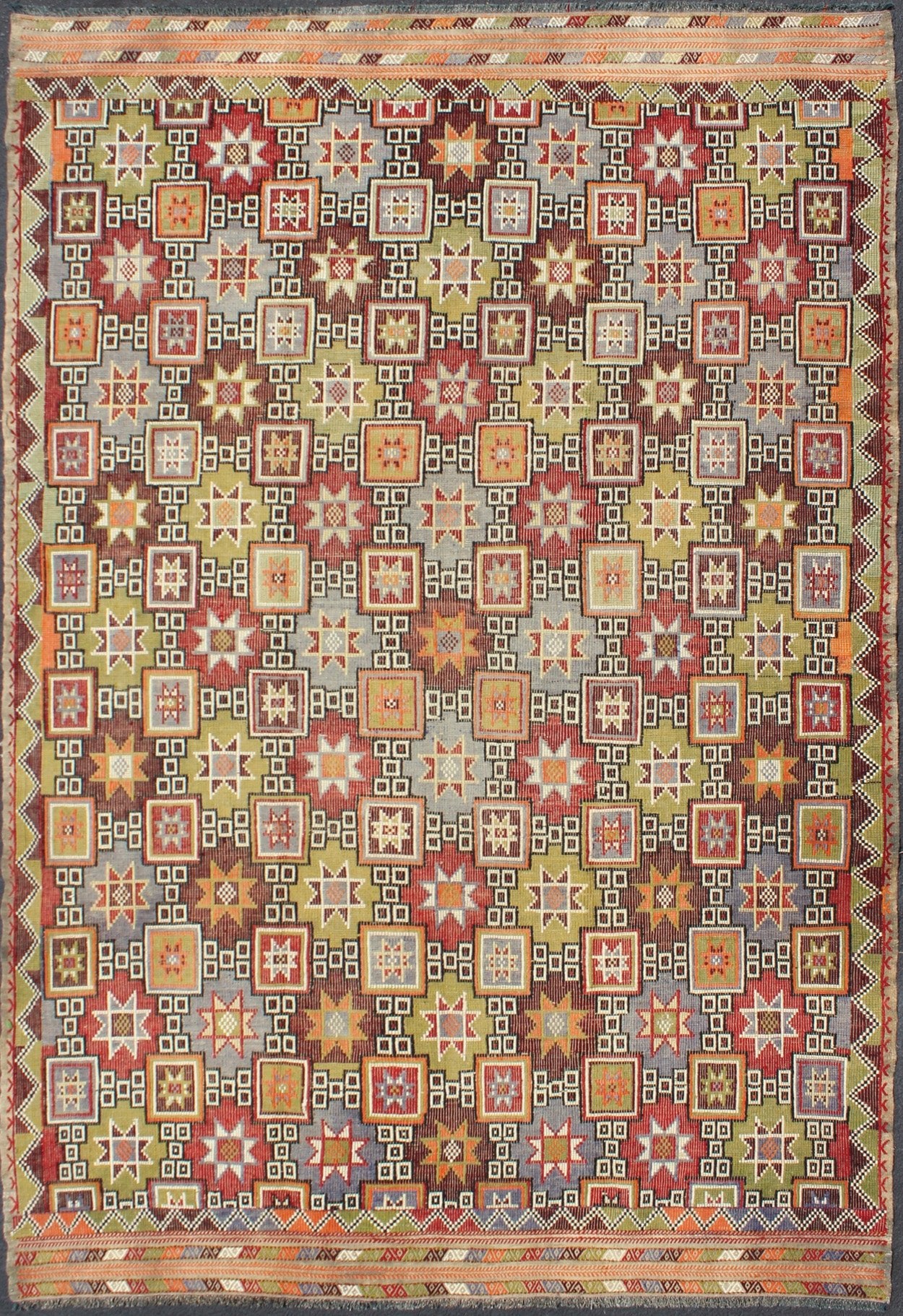 Colorful vintage Kilim embroidered Jajeem with star design in green, blue & red. Multicolored flat - woven Kilim rug from turkey with all - over star design, Keivan Woven Arts / rug TU - NED - 577, country of origin / type: Turkey / Kilim, circa 1950 Fe... - Keivan Woven ArtsTU - NED - 577 - 6907Rug