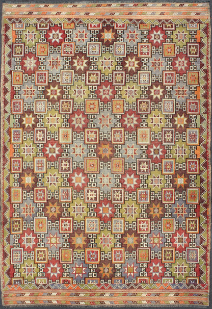 Colorful vintage Kilim embroidered Jajeem with star design in green, blue & red. Multicolored flat - woven Kilim rug from turkey with all - over star design, Keivan Woven Arts / rug TU - NED - 577, country of origin / type: Turkey / Kilim, circa 1950 Fe... - Keivan Woven ArtsTU - NED - 577 - 6907Rug