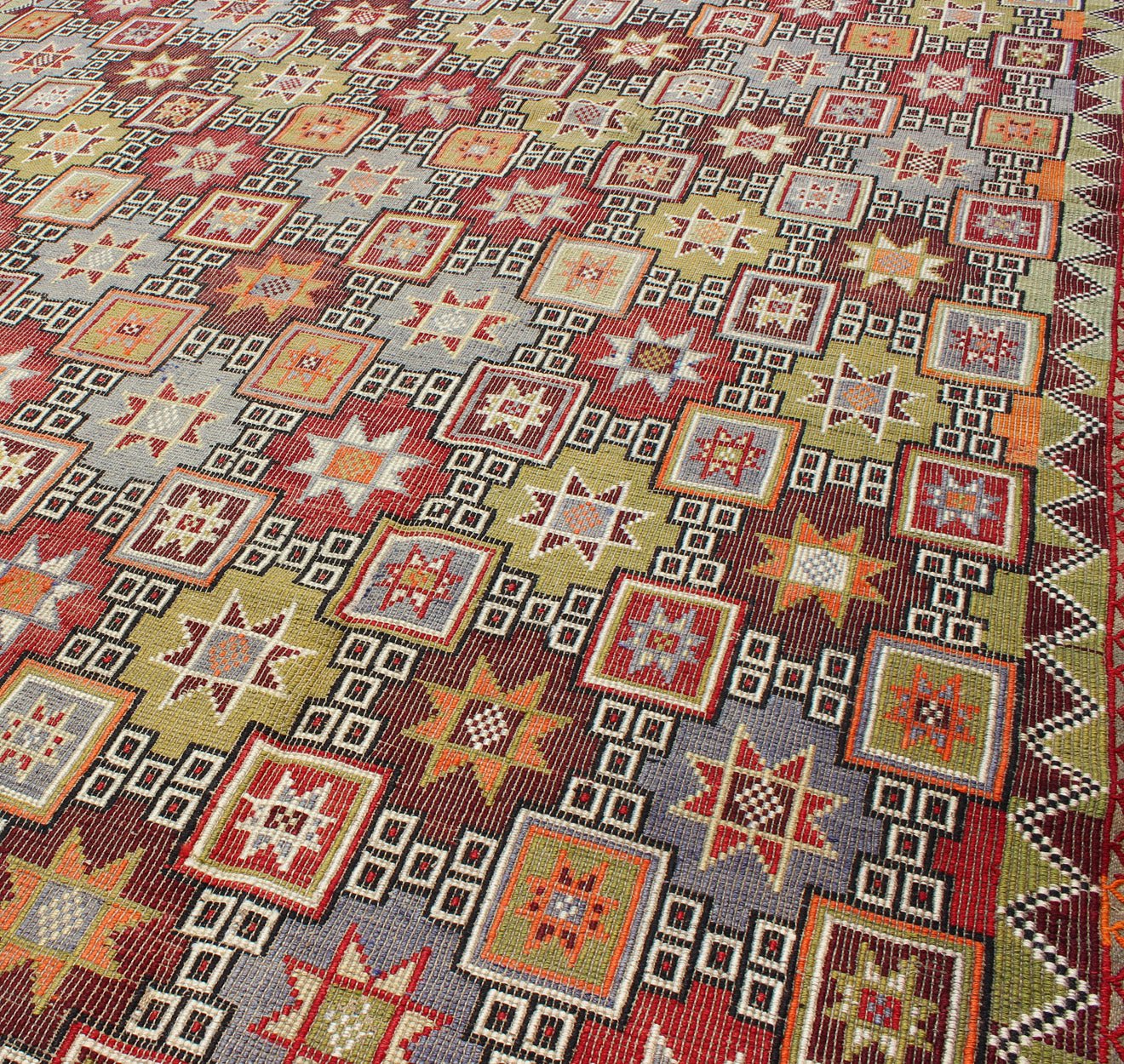 Colorful vintage Kilim embroidered Jajeem with star design in green, blue & red. Multicolored flat - woven Kilim rug from turkey with all - over star design, Keivan Woven Arts / rug TU - NED - 577, country of origin / type: Turkey / Kilim, circa 1950 Fe... - Keivan Woven ArtsTU - NED - 577 - 6907Rug