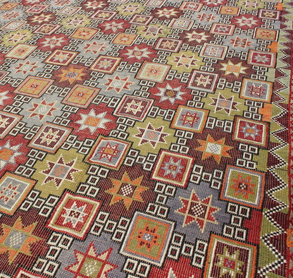 Colorful vintage Kilim embroidered Jajeem with star design in green, blue & red. Multicolored flat - woven Kilim rug from turkey with all - over star design, Keivan Woven Arts / rug TU - NED - 577, country of origin / type: Turkey / Kilim, circa 1950 Fe... - Keivan Woven ArtsTU - NED - 577 - 6907Rug