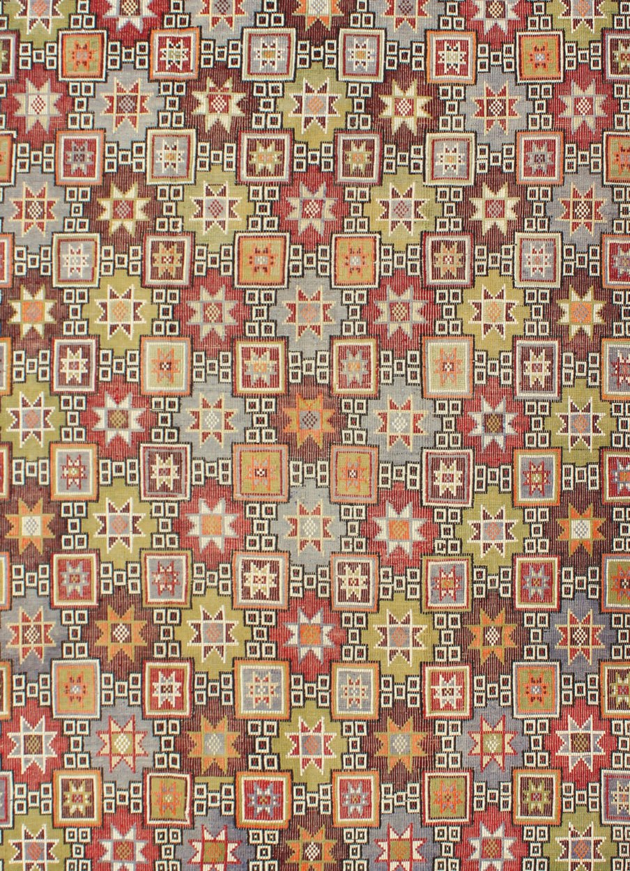 Colorful vintage Kilim embroidered Jajeem with star design in green, blue & red. Multicolored flat - woven Kilim rug from turkey with all - over star design, Keivan Woven Arts / rug TU - NED - 577, country of origin / type: Turkey / Kilim, circa 1950 Fe... - Keivan Woven ArtsTU - NED - 577 - 6907Rug