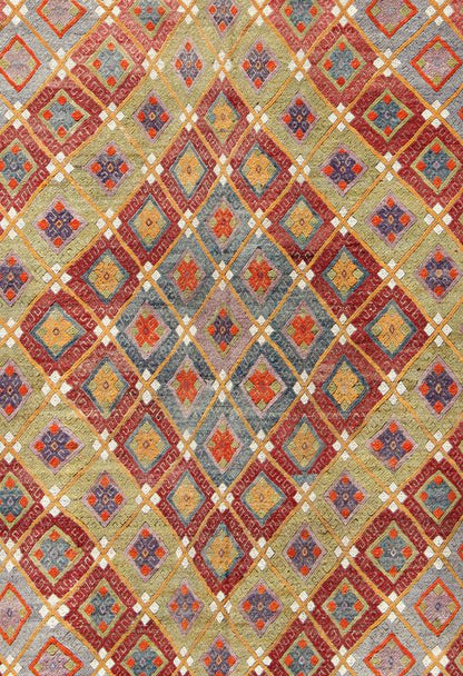 Colorful Kilim/Jijim with Diamonds - Featuring tribal shapes with a spotted and speckled assortment of geometric elements, this unique Mid - Century Jajeem showcases an array of rich colorful tones that have been softened by age. Colors include crimson red... - Keivan Woven ArtsTU - NED - 578 - 6911Rug