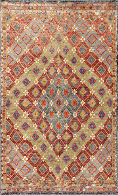 Colorful Kilim/Jijim with Diamonds - Featuring tribal shapes with a spotted and speckled assortment of geometric elements, this unique Mid - Century Jajeem showcases an array of rich colorful tones that have been softened by age. Colors include crimson red... - Keivan Woven ArtsTU - NED - 578 - 6911Rug