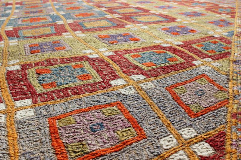 Colorful Kilim/Jijim with Diamonds - Featuring tribal shapes with a spotted and speckled assortment of geometric elements, this unique Mid - Century Jajeem showcases an array of rich colorful tones that have been softened by age. Colors include crimson red... - Keivan Woven ArtsTU - NED - 578 - 6911Rug