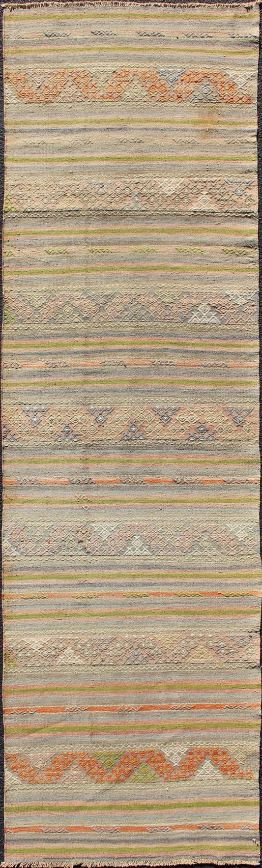 Vintage Turkish Kilim Runner with a Stripe and Modern Design Vintage Turkish Kilim runner with a stripe and modern design, Minimalist stripe design Kilim runner from Turkey, Keivan Woven Arts / rug TU - NED - 600, country of origin / type: Turkey / ... - Keivan Woven ArtsTU - NED - 600 - 12431