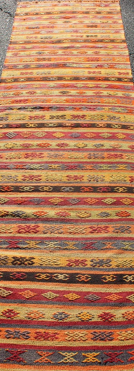 Vintage Hand Woven Turkish Kilim Colorful Stripe Runner With Tribal Motifs Colorful Vintage Turkish Kilim runner with a stripe and modern design, Minimalist stripe design Kilim runner from Turkey, Keivan Woven Arts / rug TU - NED - 602, country of ... - Keivan Woven ArtsTU - NED - 602 - 12439Rug