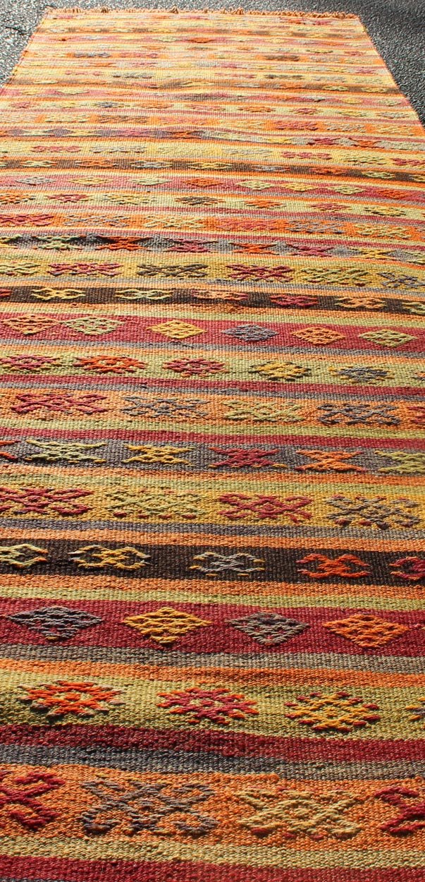 Vintage Hand Woven Turkish Kilim Colorful Stripe Runner With Tribal Motifs Colorful Vintage Turkish Kilim runner with a stripe and modern design, Minimalist stripe design Kilim runner from Turkey, Keivan Woven Arts / rug TU - NED - 602, country of ... - Keivan Woven ArtsTU - NED - 602 - 12439Rug