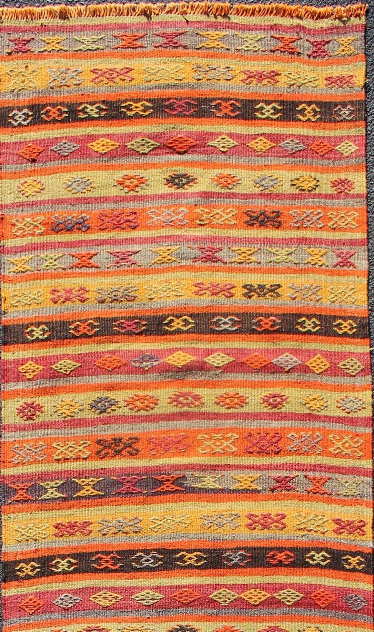 Vintage Hand Woven Turkish Kilim Colorful Stripe Runner With Tribal Motifs Colorful Vintage Turkish Kilim runner with a stripe and modern design, Minimalist stripe design Kilim runner from Turkey, Keivan Woven Arts / rug TU - NED - 602, country of ... - Keivan Woven ArtsTU - NED - 602 - 12439Rug