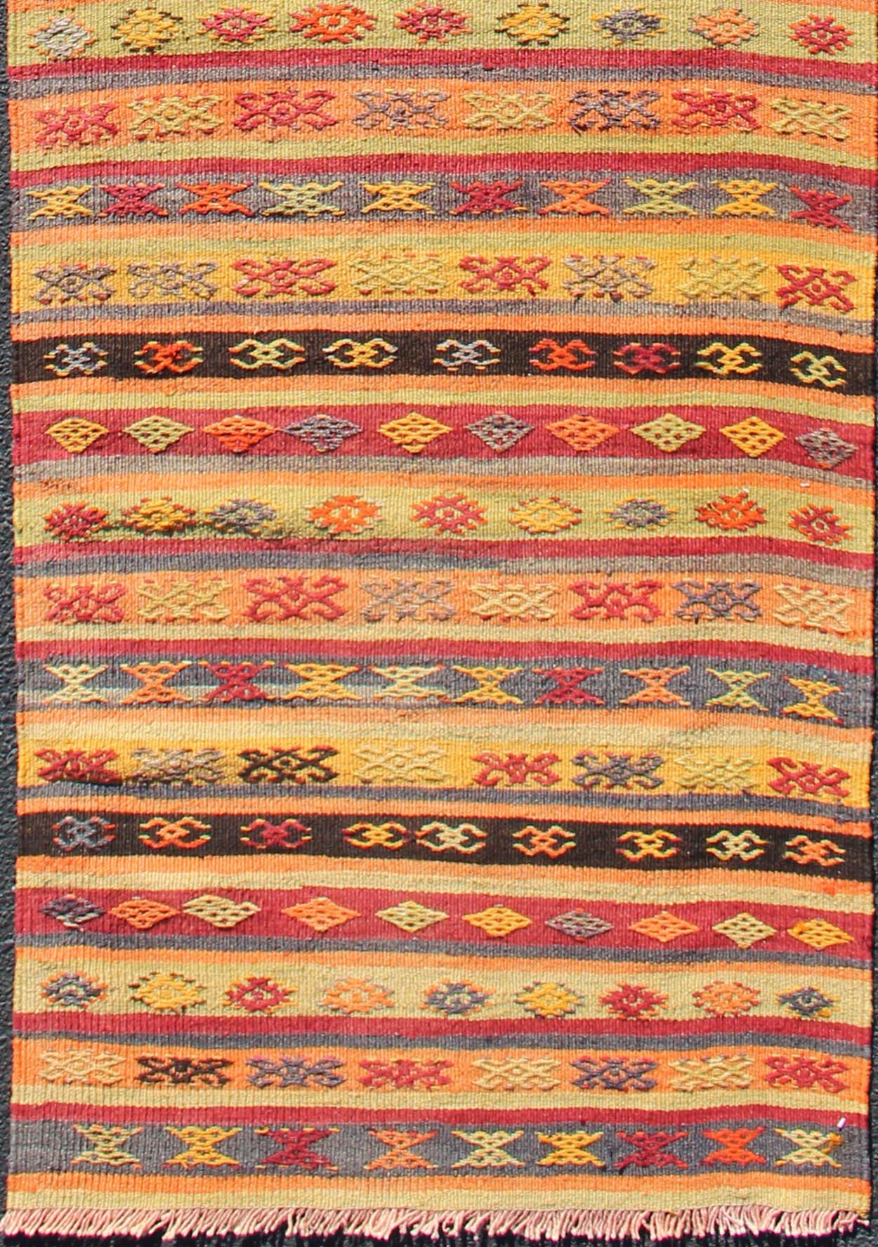 Vintage Hand Woven Turkish Kilim Colorful Stripe Runner With Tribal Motifs Colorful Vintage Turkish Kilim runner with a stripe and modern design, Minimalist stripe design Kilim runner from Turkey, Keivan Woven Arts / rug TU - NED - 602, country of ... - Keivan Woven ArtsTU - NED - 602 - 12439Rug
