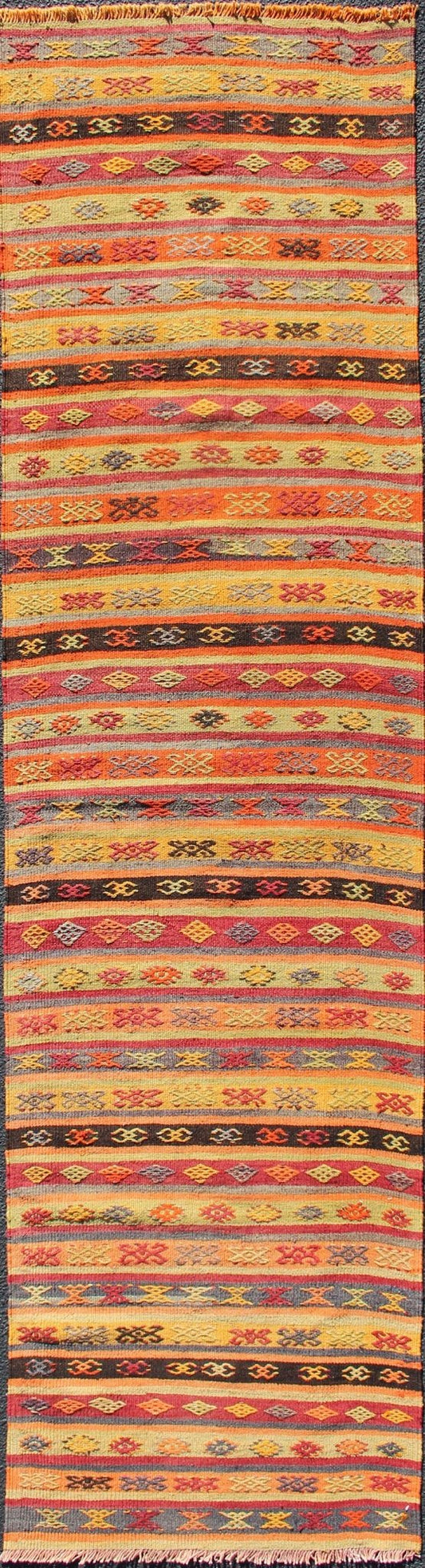 Vintage Hand Woven Turkish Kilim Colorful Stripe Runner With Tribal Motifs Colorful Vintage Turkish Kilim runner with a stripe and modern design, Minimalist stripe design Kilim runner from Turkey, Keivan Woven Arts / rug TU - NED - 602, country of ... - Keivan Woven ArtsTU - NED - 602 - 12439