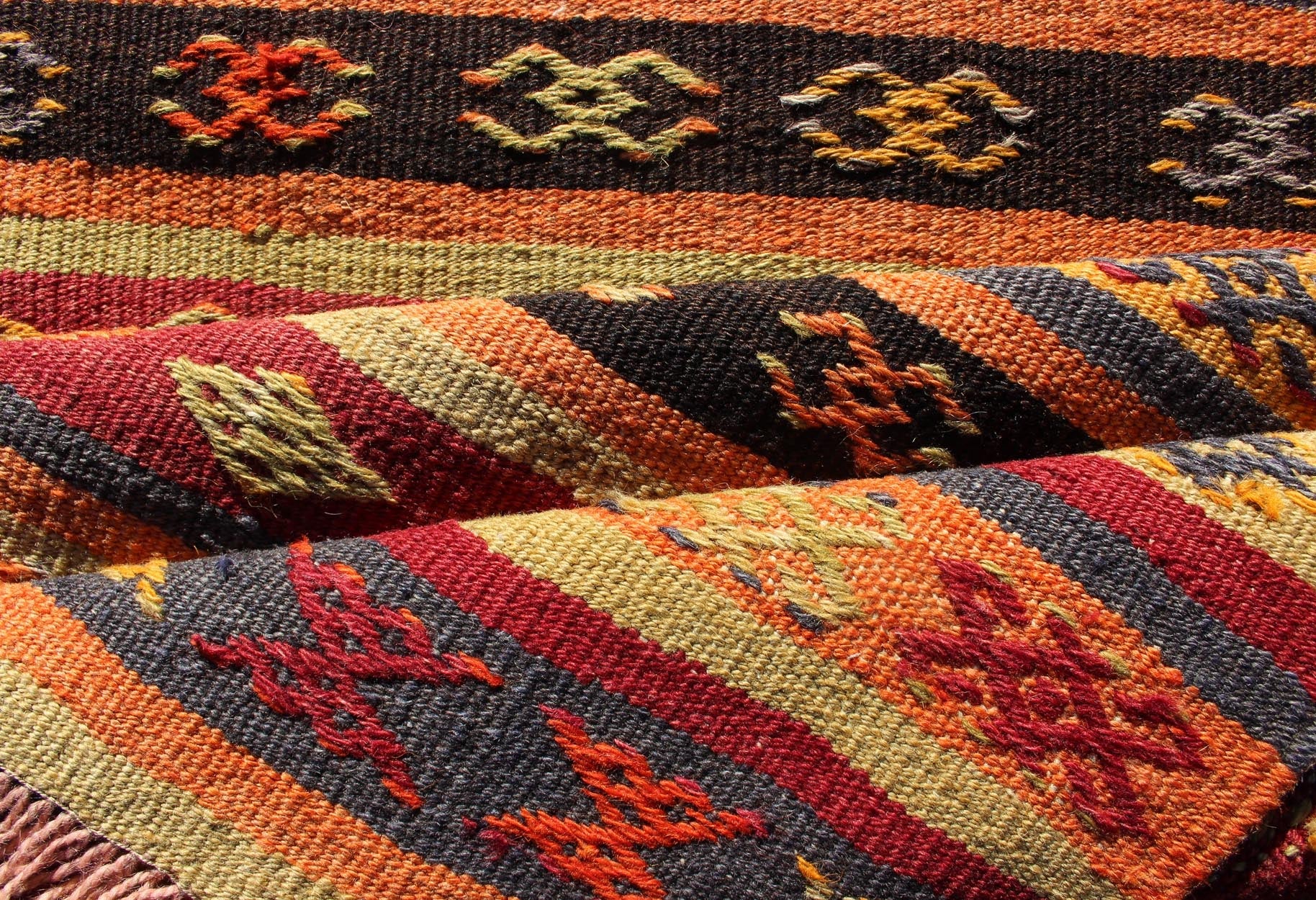 Vintage Hand Woven Turkish Kilim Colorful Stripe Runner With Tribal Motifs Colorful Vintage Turkish Kilim runner with a stripe and modern design, Minimalist stripe design Kilim runner from Turkey, Keivan Woven Arts / rug TU - NED - 602, country of ... - Keivan Woven ArtsTU - NED - 602 - 12439Rug
