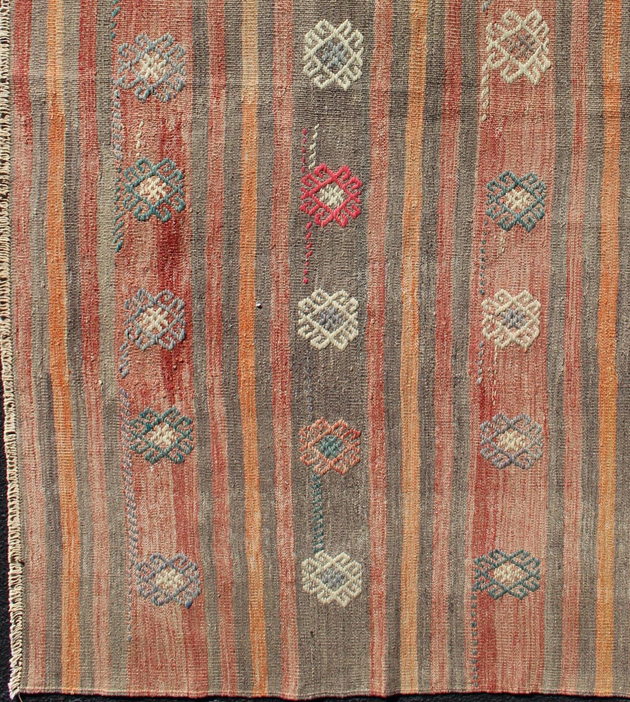 Colorful Vintage Turkish Flat - Weave Kilim Rug with Striped Geometric Design Keivan Woven Arts Vertical stripe design flat - weave Kilim from Turkey vintage in orange, red, brown, gray, and cream, rug TU - NED - 605, country of origin / type: Turkey /... - Keivan Woven ArtsTU - NED - 605 - 12449Rug