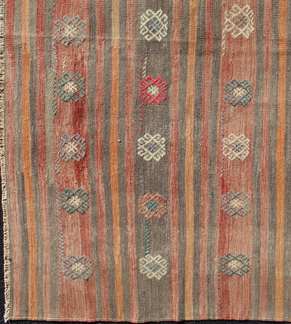 Colorful Vintage Turkish Flat - Weave Kilim Rug with Striped Geometric Design Keivan Woven Arts Vertical stripe design flat - weave Kilim from Turkey vintage in orange, red, brown, gray, and cream, rug TU - NED - 605, country of origin / type: Turkey /... - Keivan Woven ArtsTU - NED - 605 - 12449Rug