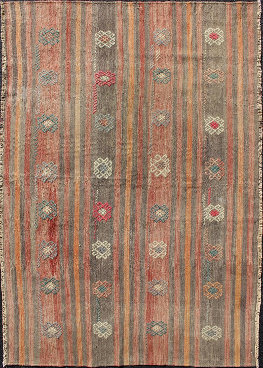 Colorful Vintage Turkish Flat - Weave Kilim Rug with Striped Geometric Design Keivan Woven Arts Vertical stripe design flat - weave Kilim from Turkey vintage in orange, red, brown, gray, and cream, rug TU - NED - 605, country of origin / type: Turkey /... - Keivan Woven ArtsTU - NED - 605 - 12449
