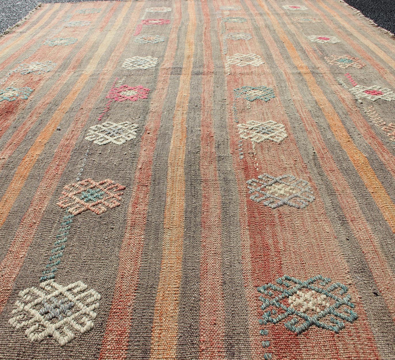 Colorful Vintage Turkish Flat - Weave Kilim Rug with Striped Geometric Design Keivan Woven Arts Vertical stripe design flat - weave Kilim from Turkey vintage in orange, red, brown, gray, and cream, rug TU - NED - 605, country of origin / type: Turkey /... - Keivan Woven ArtsTU - NED - 605 - 12449Rug