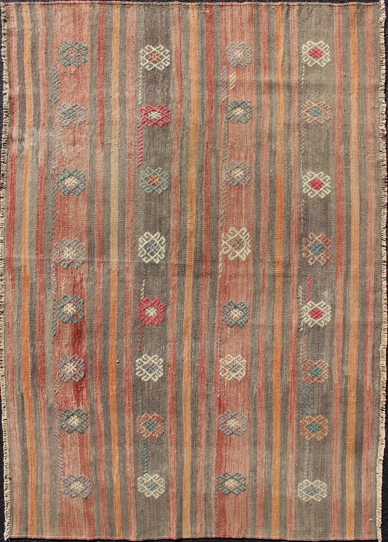 Colorful Vintage Turkish Flat - Weave Kilim Rug with Striped Geometric Design Keivan Woven Arts Vertical stripe design flat - weave Kilim from Turkey vintage in orange, red, brown, gray, and cream, rug TU - NED - 605, country of origin / type: Turkey /... - Keivan Woven ArtsTU - NED - 605 - 12449Rug