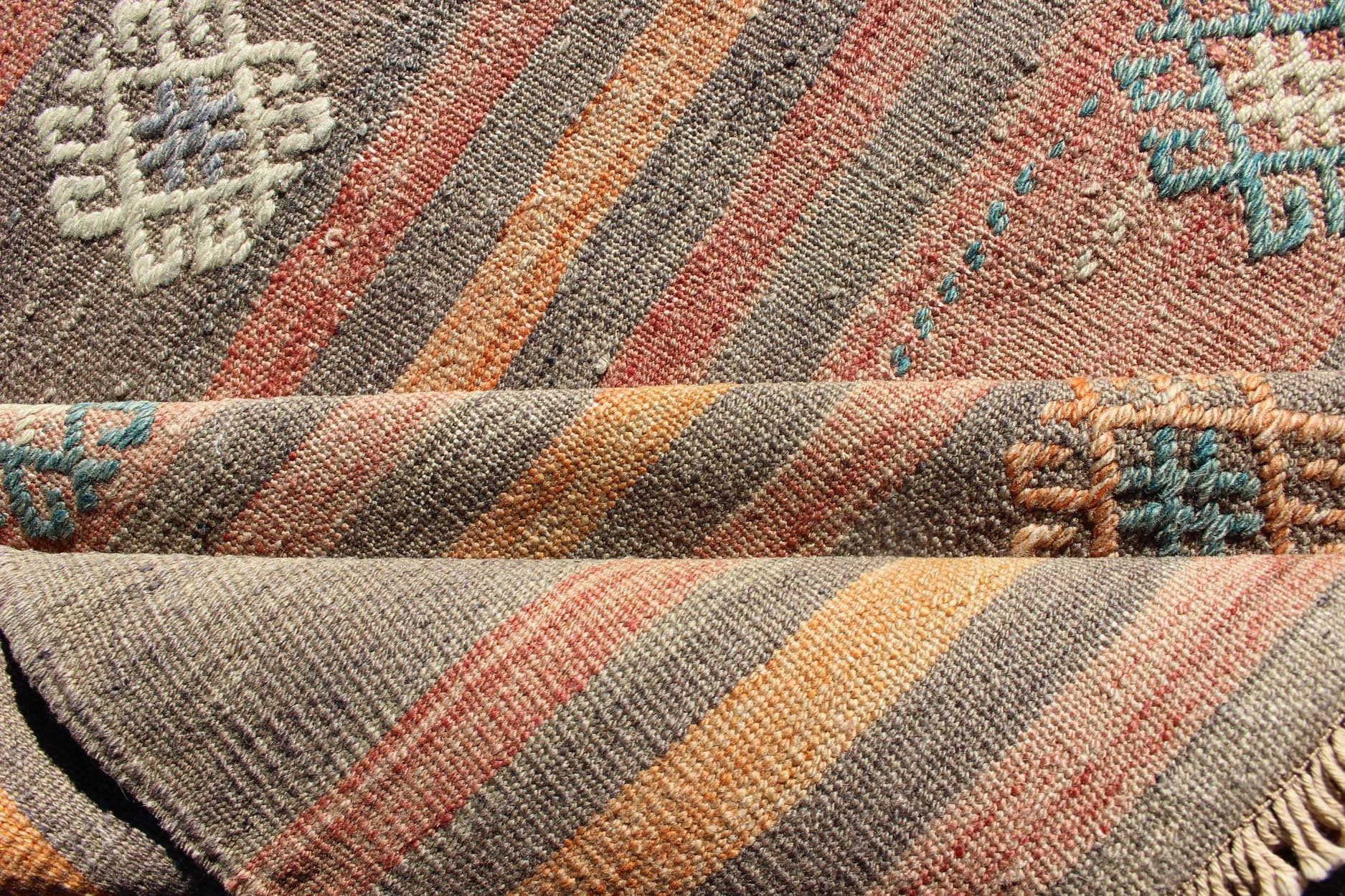 Colorful Vintage Turkish Flat - Weave Kilim Rug with Striped Geometric Design Keivan Woven Arts Vertical stripe design flat - weave Kilim from Turkey vintage in orange, red, brown, gray, and cream, rug TU - NED - 605, country of origin / type: Turkey /... - Keivan Woven ArtsTU - NED - 605 - 12449Rug