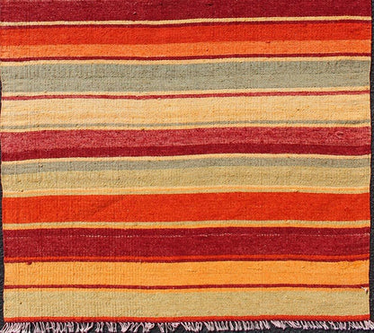 Vintage Turkish Kilim Runner with Stripes in Red, Green, Yellow, and Orange Turkish Kilim runner with stripes in red, green, yellow, orange, rug TU - NED - 606, country of origin / type: Turkey / Kilim, circa mid - 20th century Woven during th... - Keivan Woven ArtsTU - NED - 606 - 12453Rug