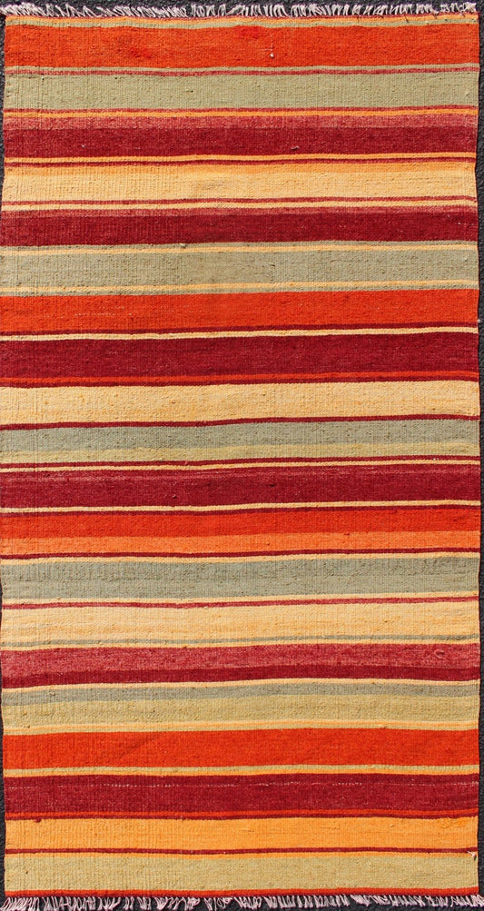 Vintage Turkish Kilim Runner with Stripes in Red, Green, Yellow, and Orange Turkish Kilim runner with stripes in red, green, yellow, orange, rug TU - NED - 606, country of origin / type: Turkey / Kilim, circa mid - 20th century Woven during th... - Keivan Woven ArtsTU - NED - 606 - 12453