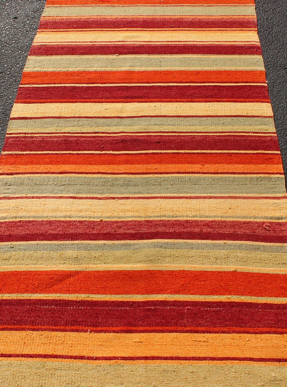 Vintage Turkish Kilim Runner with Stripes in Red, Green, Yellow, and Orange Turkish Kilim runner with stripes in red, green, yellow, orange, rug TU - NED - 606, country of origin / type: Turkey / Kilim, circa mid - 20th century Woven during th... - Keivan Woven ArtsTU - NED - 606 - 12453Rug