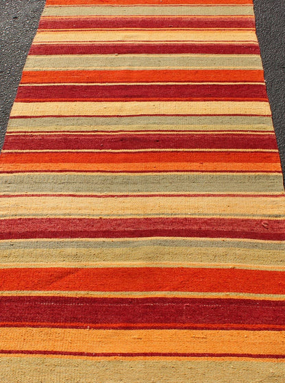 Vintage Turkish Kilim Runner with Stripes in Red, Green, Yellow, and Orange Turkish Kilim runner with stripes in red, green, yellow, orange, rug TU - NED - 606, country of origin / type: Turkey / Kilim, circa mid - 20th century Woven during th... - Keivan Woven ArtsTU - NED - 606 - 12453Rug