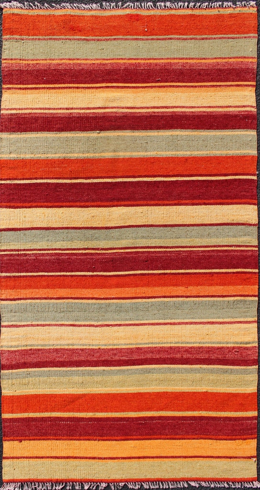 Vintage Turkish Kilim Runner with Stripes in Red, Green, Yellow, and Orange Turkish Kilim runner with stripes in red, green, yellow, orange, rug TU - NED - 606, country of origin / type: Turkey / Kilim, circa mid - 20th century Woven during th... - Keivan Woven ArtsTU - NED - 606 - 12453Rug