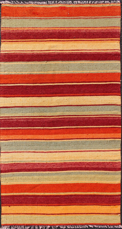 Vintage Turkish Kilim Runner with Stripes in Red, Green, Yellow, and Orange Turkish Kilim runner with stripes in red, green, yellow, orange, rug TU - NED - 606, country of origin / type: Turkey / Kilim, circa mid - 20th century Woven during th... - Keivan Woven ArtsTU - NED - 606 - 12453Rug