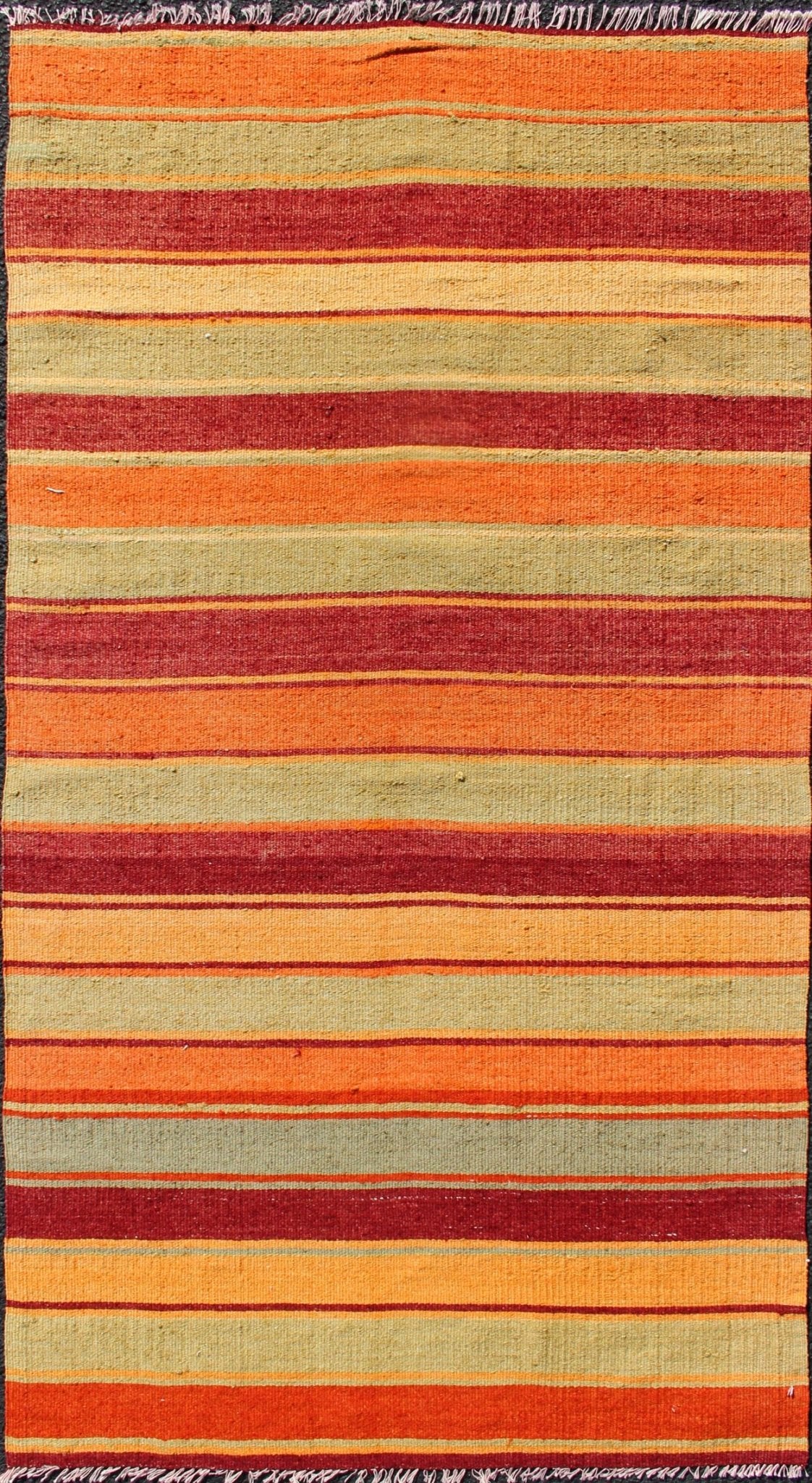 Bright & Colorful Vintage Turkish Kilim in Red, Green, Yellow, and Orange Keivan Woven Arts - Turkish Kilim runner with stripes in red, green, yellow, orange, rug TU - NED - 607, country of origin / type: Turkey / Kilim, circa mid - 20th century Woven d... - Keivan Woven ArtsTU - NED - 607 - 12457Rug
