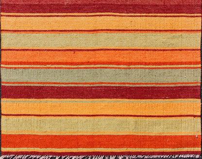 Bright & Colorful Vintage Turkish Kilim in Red, Green, Yellow, and Orange Keivan Woven Arts - Turkish Kilim runner with stripes in red, green, yellow, orange, rug TU - NED - 607, country of origin / type: Turkey / Kilim, circa mid - 20th century Woven d... - Keivan Woven ArtsTU - NED - 607 - 12457Rug