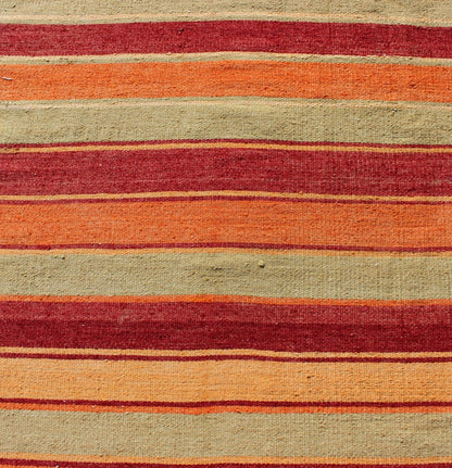Bright & Colorful Vintage Turkish Kilim in Red, Green, Yellow, and Orange Keivan Woven Arts - Turkish Kilim runner with stripes in red, green, yellow, orange, rug TU - NED - 607, country of origin / type: Turkey / Kilim, circa mid - 20th century Woven d... - Keivan Woven ArtsTU - NED - 607 - 12457Rug