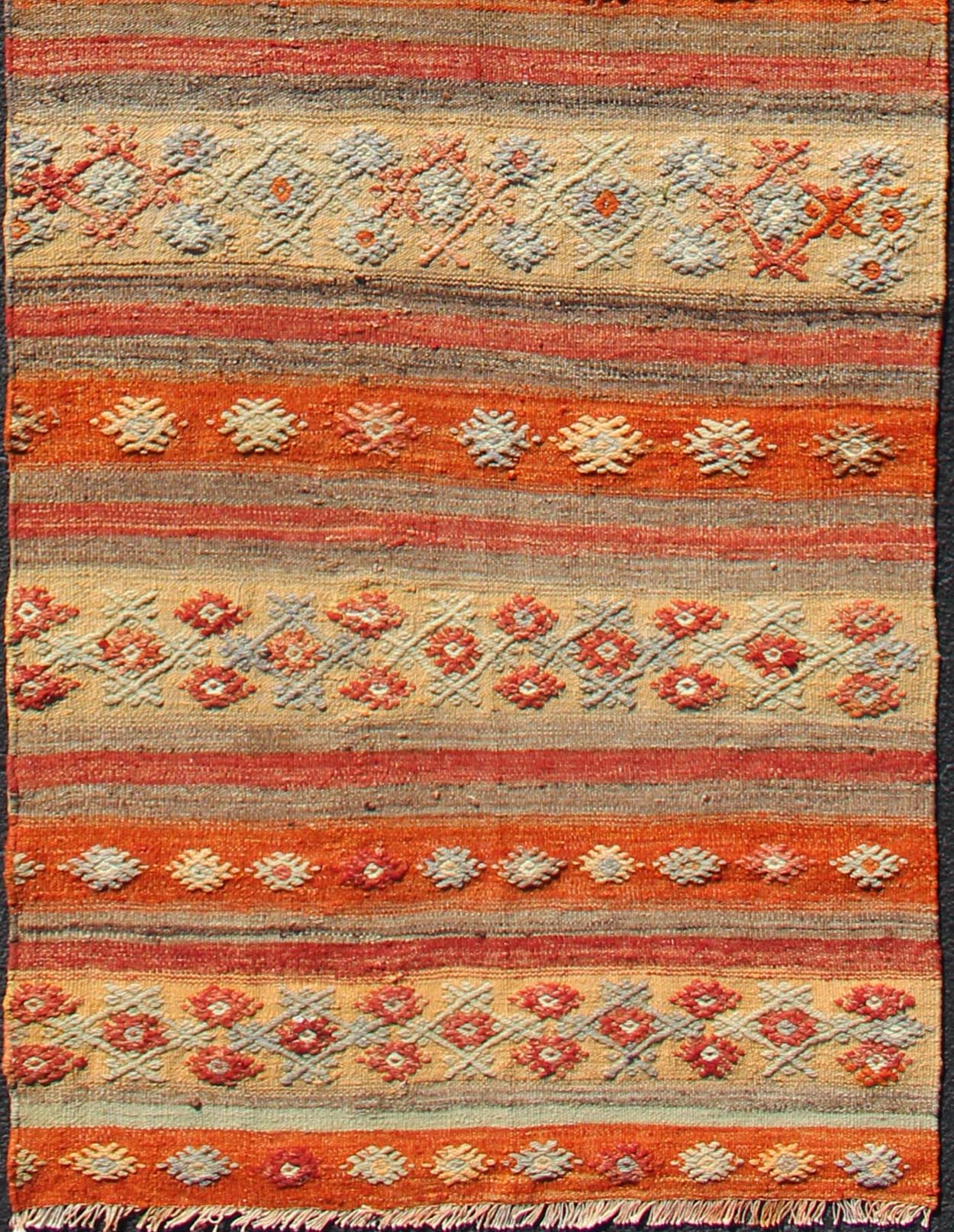 Colorful Vintage Turkish Kilim Runner with Stripes and Geometric Embroideries Vintage Turkish Kilim runner with horizontal stripes and scattered geometric shapes in embroideries , rug ned - 124, country of origin / type: Turkey / Kilim, circa mid - 20t... - Keivan Woven ArtsTU - NED - 608 - 12463Rug