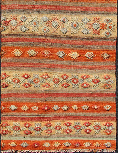 Colorful Vintage Turkish Kilim Runner with Stripes and Geometric Embroideries Vintage Turkish Kilim runner with horizontal stripes and scattered geometric shapes in embroideries , rug ned - 124, country of origin / type: Turkey / Kilim, circa mid - 20t... - Keivan Woven ArtsTU - NED - 608 - 12463Rug