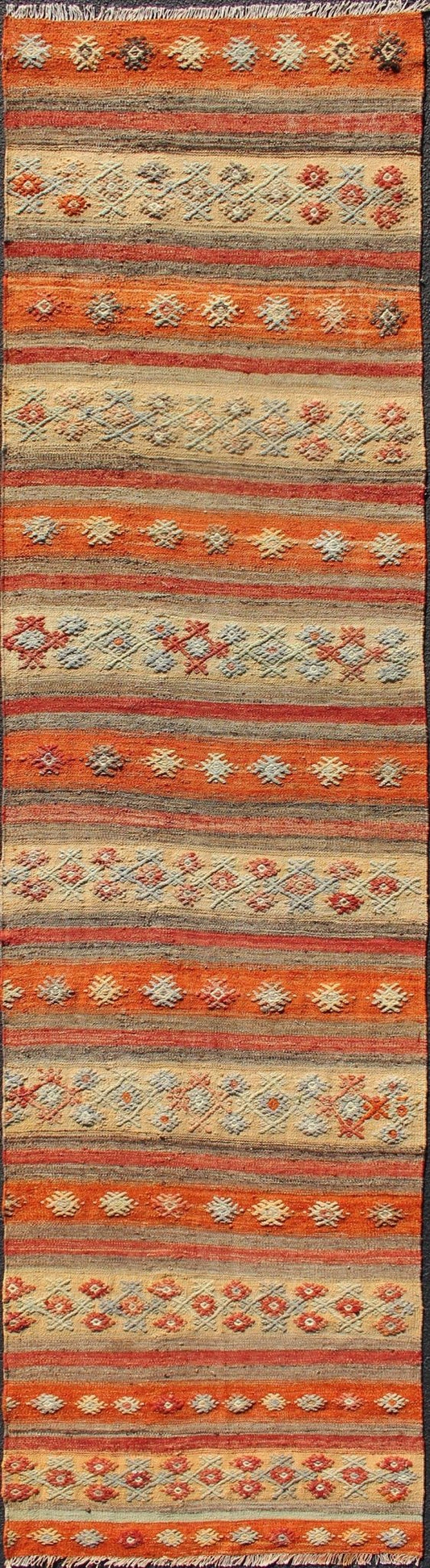 Colorful Vintage Turkish Kilim Runner with Stripes and Geometric Embroideries Vintage Turkish Kilim runner with horizontal stripes and scattered geometric shapes in embroideries , rug ned - 124, country of origin / type: Turkey / Kilim, circa mid - 20t... - Keivan Woven ArtsTU - NED - 608 - 12463