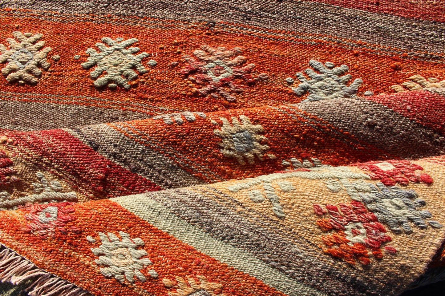 Colorful Vintage Turkish Kilim Runner with Stripes and Geometric Embroideries Vintage Turkish Kilim runner with horizontal stripes and scattered geometric shapes in embroideries , rug ned - 124, country of origin / type: Turkey / Kilim, circa mid - 20t... - Keivan Woven ArtsTU - NED - 608 - 12463Rug