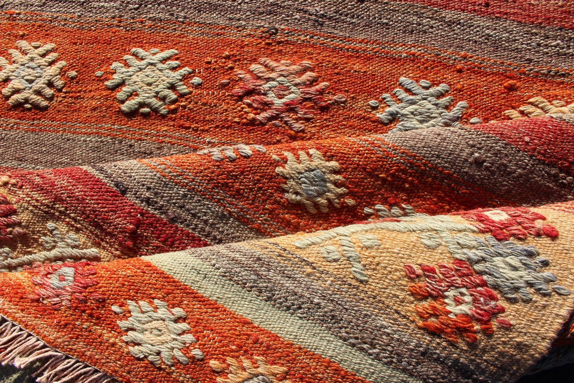 Colorful Vintage Turkish Kilim Runner with Stripes and Geometric Embroideries Vintage Turkish Kilim runner with horizontal stripes and scattered geometric shapes in embroideries , rug ned - 124, country of origin / type: Turkey / Kilim, circa mid - 20t... - Keivan Woven ArtsTU - NED - 608 - 12463Rug