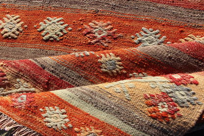 Colorful Vintage Turkish Kilim Runner with Stripes and Geometric Embroideries Vintage Turkish Kilim runner with horizontal stripes and scattered geometric shapes in embroideries , rug ned - 124, country of origin / type: Turkey / Kilim, circa mid - 20t... - Keivan Woven ArtsTU - NED - 608 - 12463Rug