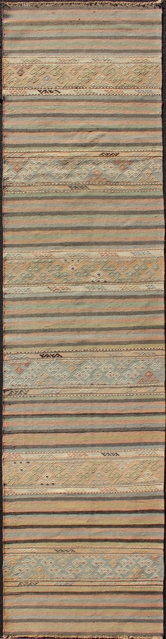 Stripe Vintage Turkish Kilim Flat - Weave Geometric Designed Runner Turkish Kilim vintage carpet in green, tan, orange. Keivan Woven Arts / rug TU - NED - 610, country of origin / type: Turkey / Kilim, circa 1950 This Kilim rug from Turkey fea... - Keivan Woven ArtsTU - NED - 610 - 12471Rug