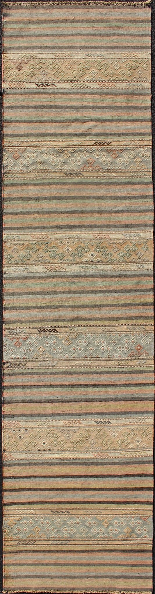 Stripe Vintage Turkish Kilim Flat - Weave Geometric Designed Runner Turkish Kilim vintage carpet in green, tan, orange. Keivan Woven Arts / rug TU - NED - 610, country of origin / type: Turkey / Kilim, circa 1950 This Kilim rug from Turkey fea... - Keivan Woven ArtsTU - NED - 610 - 12471