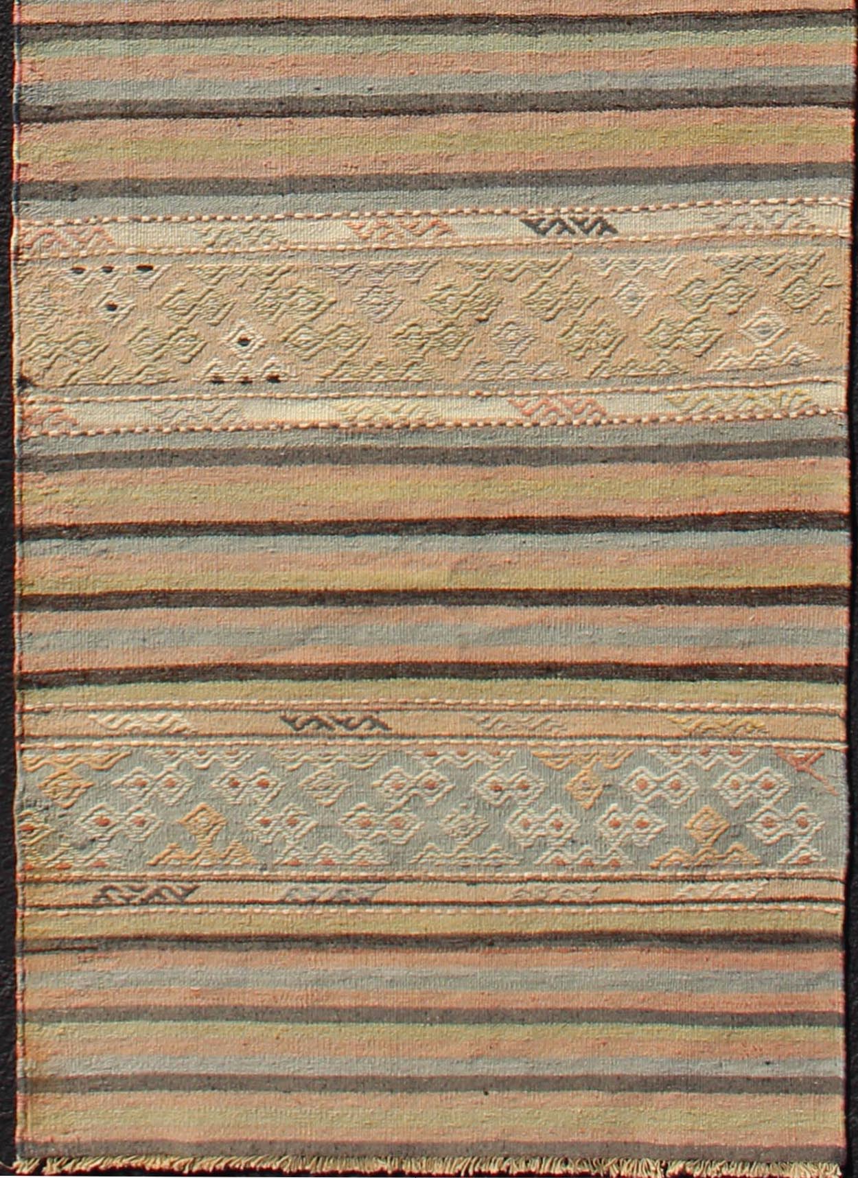 Stripe Vintage Turkish Kilim Flat - Weave Geometric Designed Runner Turkish Kilim vintage carpet in green, tan, orange. Keivan Woven Arts / rug TU - NED - 610, country of origin / type: Turkey / Kilim, circa 1950 This Kilim rug from Turkey fea... - Keivan Woven ArtsTU - NED - 610 - 12471Rug