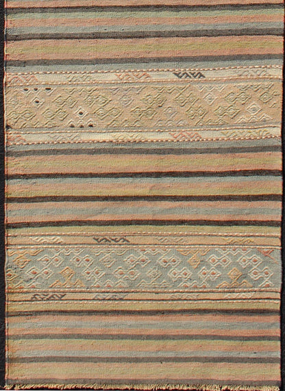 Stripe Vintage Turkish Kilim Flat - Weave Geometric Designed Runner Turkish Kilim vintage carpet in green, tan, orange. Keivan Woven Arts / rug TU - NED - 610, country of origin / type: Turkey / Kilim, circa 1950 This Kilim rug from Turkey fea... - Keivan Woven ArtsTU - NED - 610 - 12471Rug