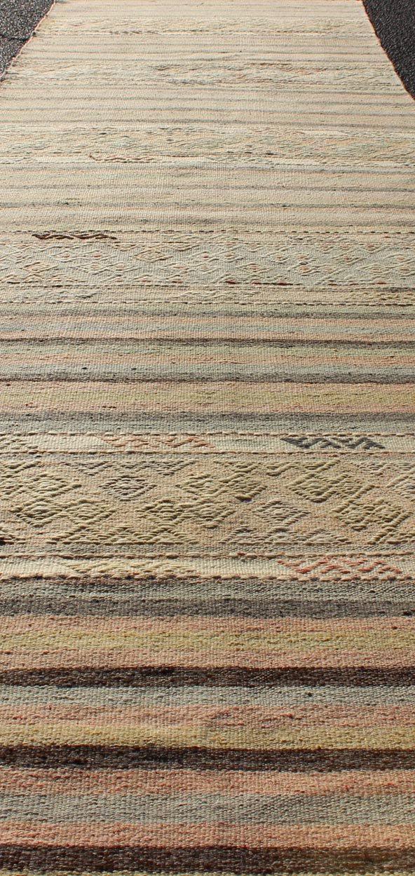 Stripe Vintage Turkish Kilim Flat - Weave Geometric Designed Runner Turkish Kilim vintage carpet in green, tan, orange. Keivan Woven Arts / rug TU - NED - 610, country of origin / type: Turkey / Kilim, circa 1950 This Kilim rug from Turkey fea... - Keivan Woven ArtsTU - NED - 610 - 12471Rug
