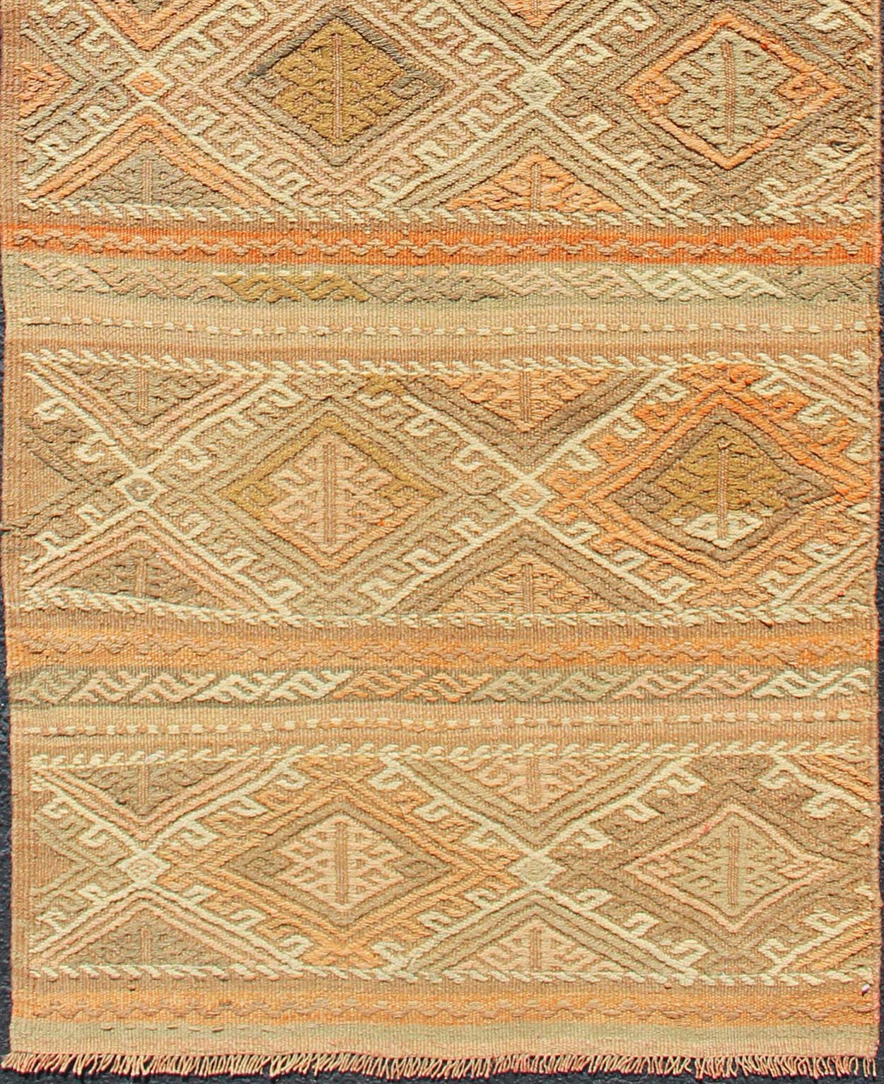 Turkish Kilim vintage carpet in taupe, tan, orange, Keivan Woven Arts / rug TU - NED - 621, country of origin / type: Turkey / Kilim, circa 1950 This Kilim rug from Turkey features a striped design of various geometric patterns rendered in shades of... - Keivan Woven ArtsTU - NED - 621 - 12487Rug