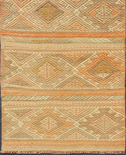 Turkish Kilim vintage carpet in taupe, tan, orange, Keivan Woven Arts / rug TU - NED - 621, country of origin / type: Turkey / Kilim, circa 1950 This Kilim rug from Turkey features a striped design of various geometric patterns rendered in shades of... - Keivan Woven ArtsTU - NED - 621 - 12487Rug