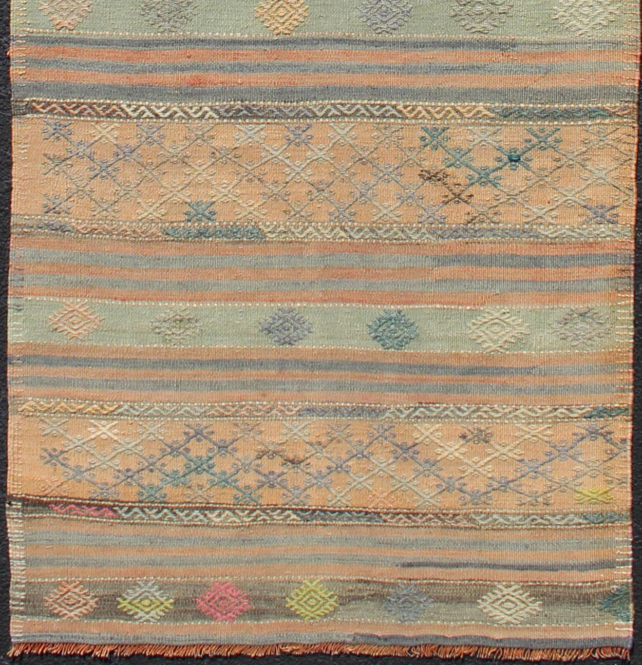 Vintage Turkish Kilim Runner With Geometric Shapes and Colorful Stripes Vintage Turkish Kilim runner with geometric shapes and colorful stripes, Keivan Woven Arts / rug TU - NED - 626, country of origin / type: turkey / Kilim, circa mid - 20th century... - Keivan Woven ArtsTU - NED - 626 - 12491Rug